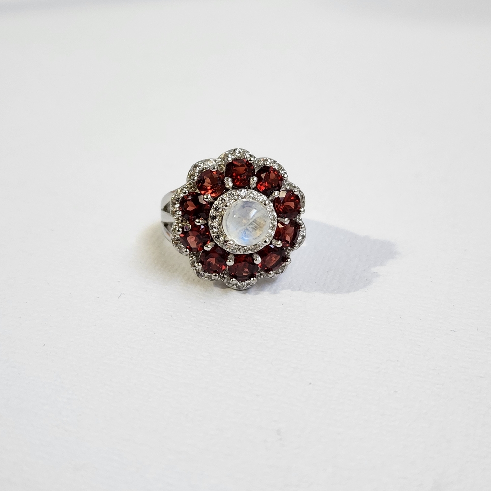 VTG Custom Garnet, Rainbow Moonstone & Zircon 925 Ring Sz 6 - Picture 7 of 13